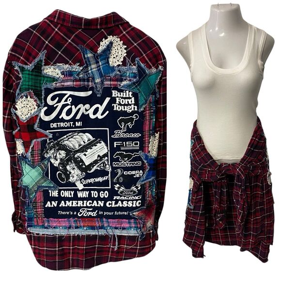 Unbranded Tops - Upcycled Flannel Shirt Shacket Womens 1X Mechanic Grunge Patchwork Folk Art